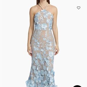 Elliatt Tan Strapless Sheath Dress with Blue Lace for Prom